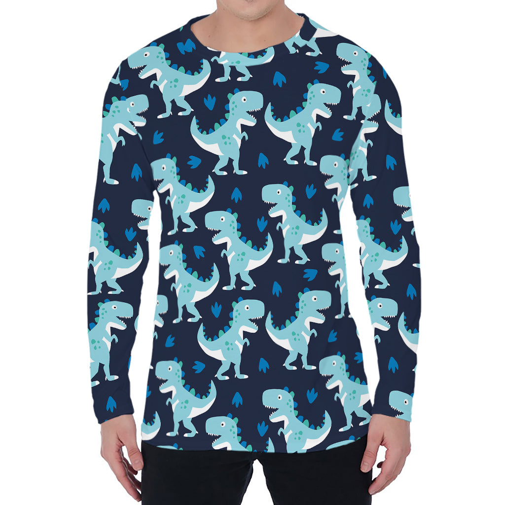 Cute Blue T-Rex Dinosaur Pattern Print Men's Long Sleeve T-Shirt