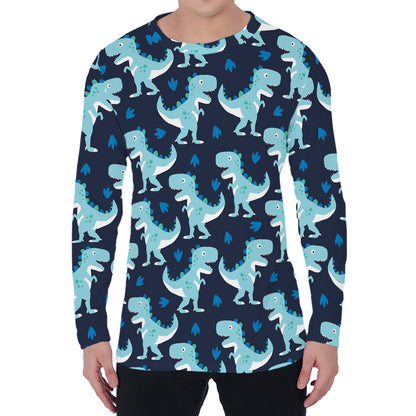 Cute Blue T-Rex Dinosaur Pattern Print Men's Long Sleeve T-Shirt