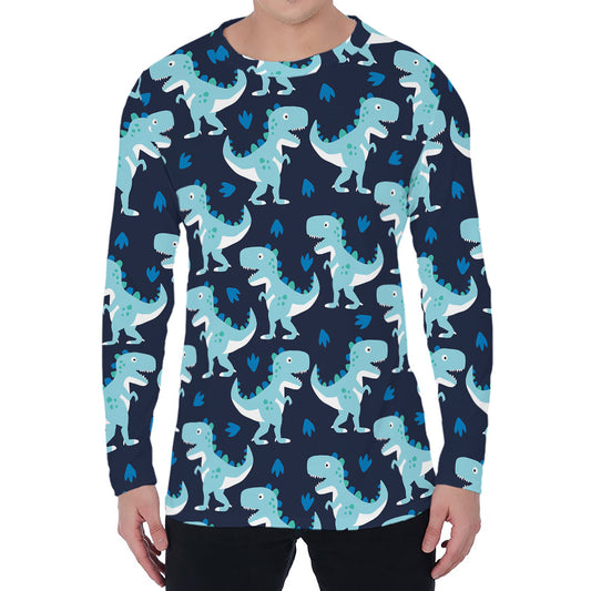 Cute Blue T-Rex Dinosaur Pattern Print Men's Long Sleeve T-Shirt