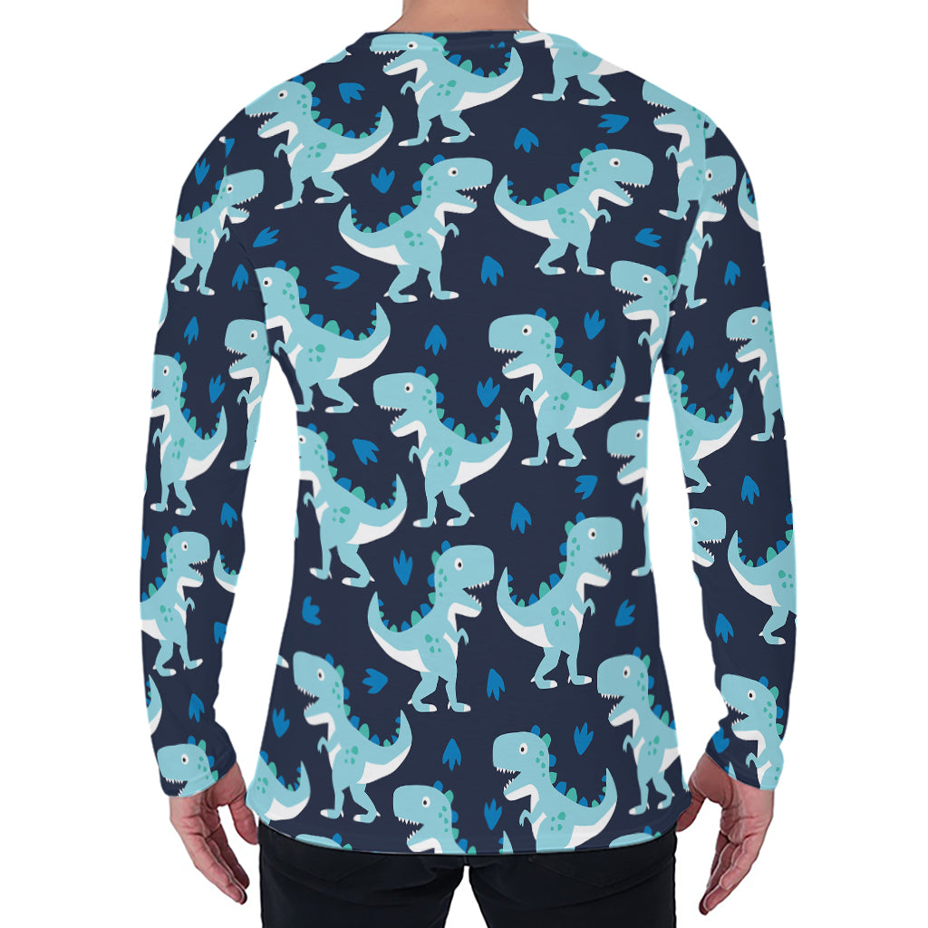 Cute Blue T-Rex Dinosaur Pattern Print Men's Long Sleeve T-Shirt