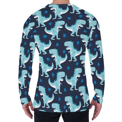 Cute Blue T-Rex Dinosaur Pattern Print Men's Long Sleeve T-Shirt
