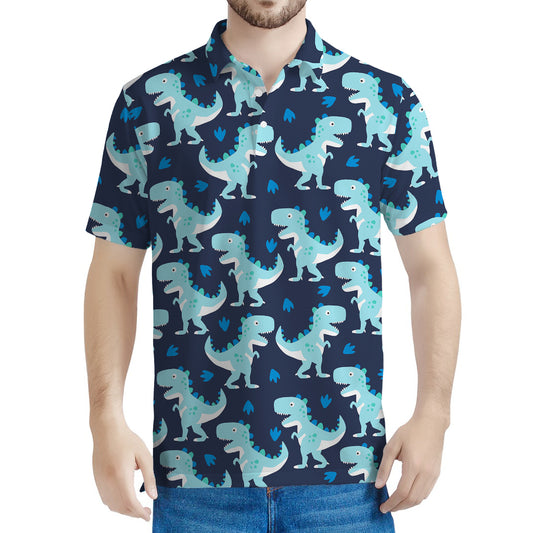 Cute Blue T-Rex Dinosaur Pattern Print Men's Polo Shirt