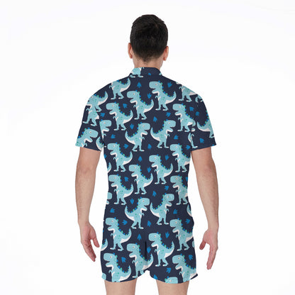 Cute Blue T-Rex Dinosaur Pattern Print Men's Rompers