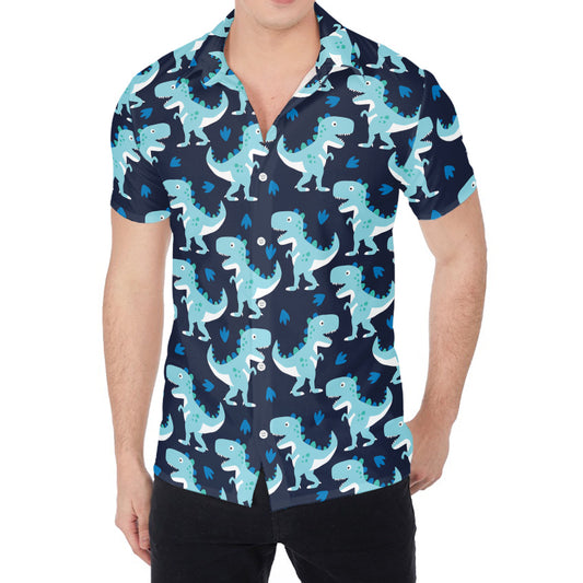 Cute Blue T-Rex Dinosaur Pattern Print Men's Shirt