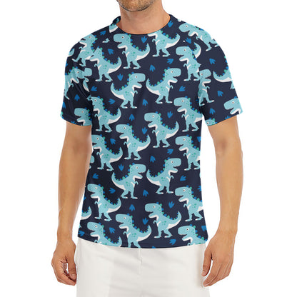 Cute Blue T-Rex Dinosaur Pattern Print Men's Short Sleeve Rash Guard
