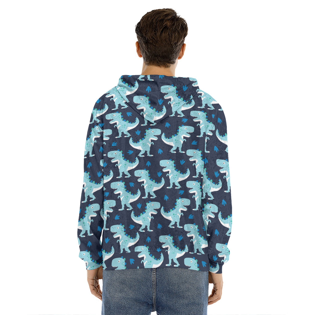 Cute Blue T-Rex Dinosaur Pattern Print Men's Velvet Pullover Hoodie