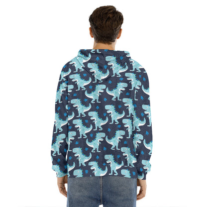 Cute Blue T-Rex Dinosaur Pattern Print Men's Velvet Pullover Hoodie