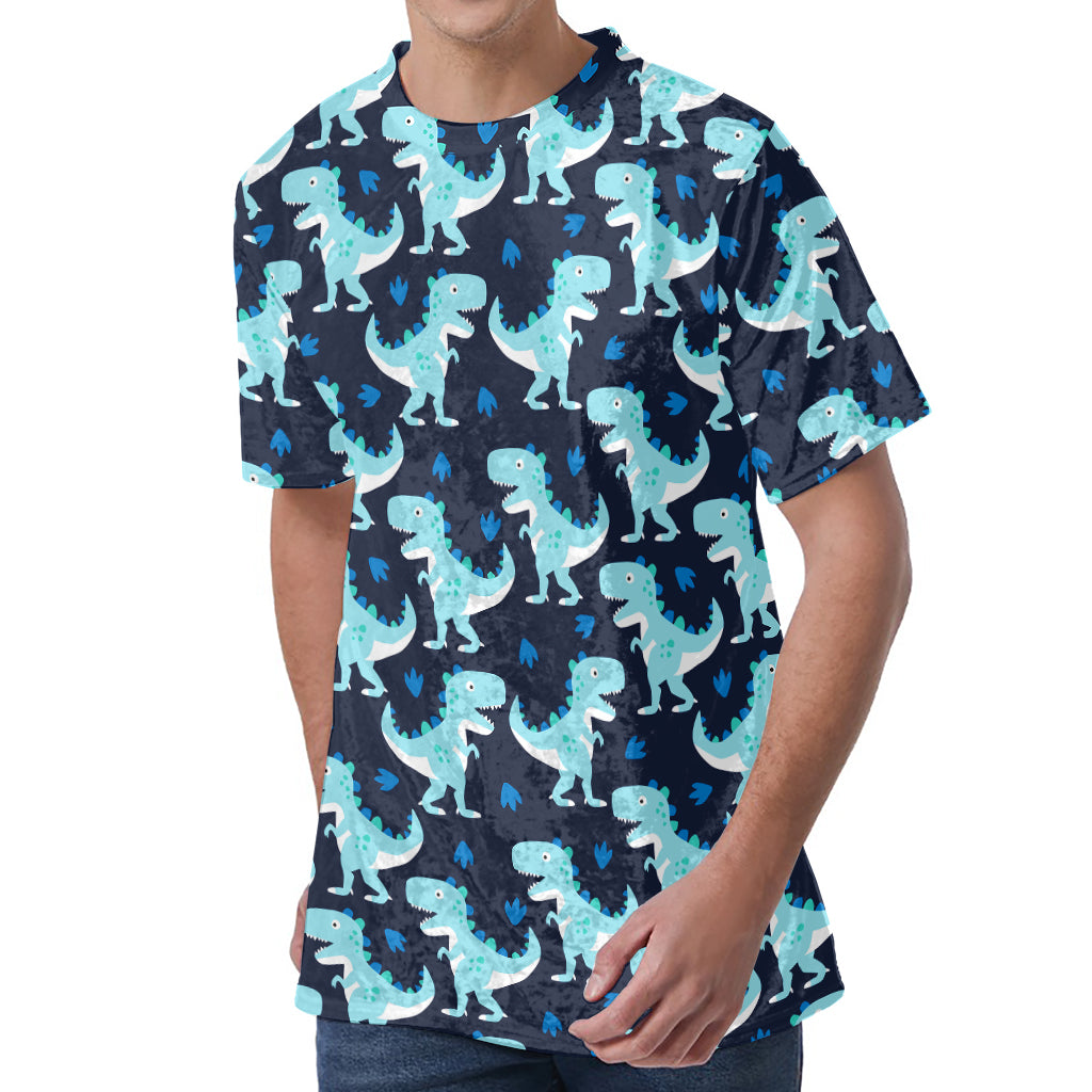 Cute Blue T-Rex Dinosaur Pattern Print Men's Velvet T-Shirt