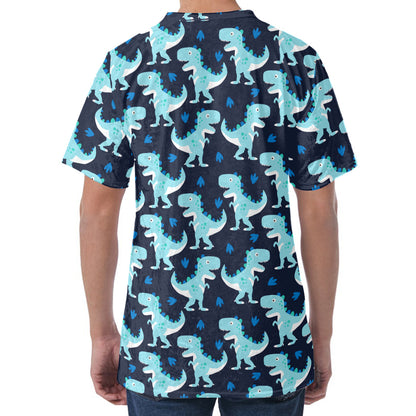 Cute Blue T-Rex Dinosaur Pattern Print Men's Velvet T-Shirt
