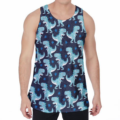 Cute Blue T-Rex Dinosaur Pattern Print Men's Velvet Tank Top