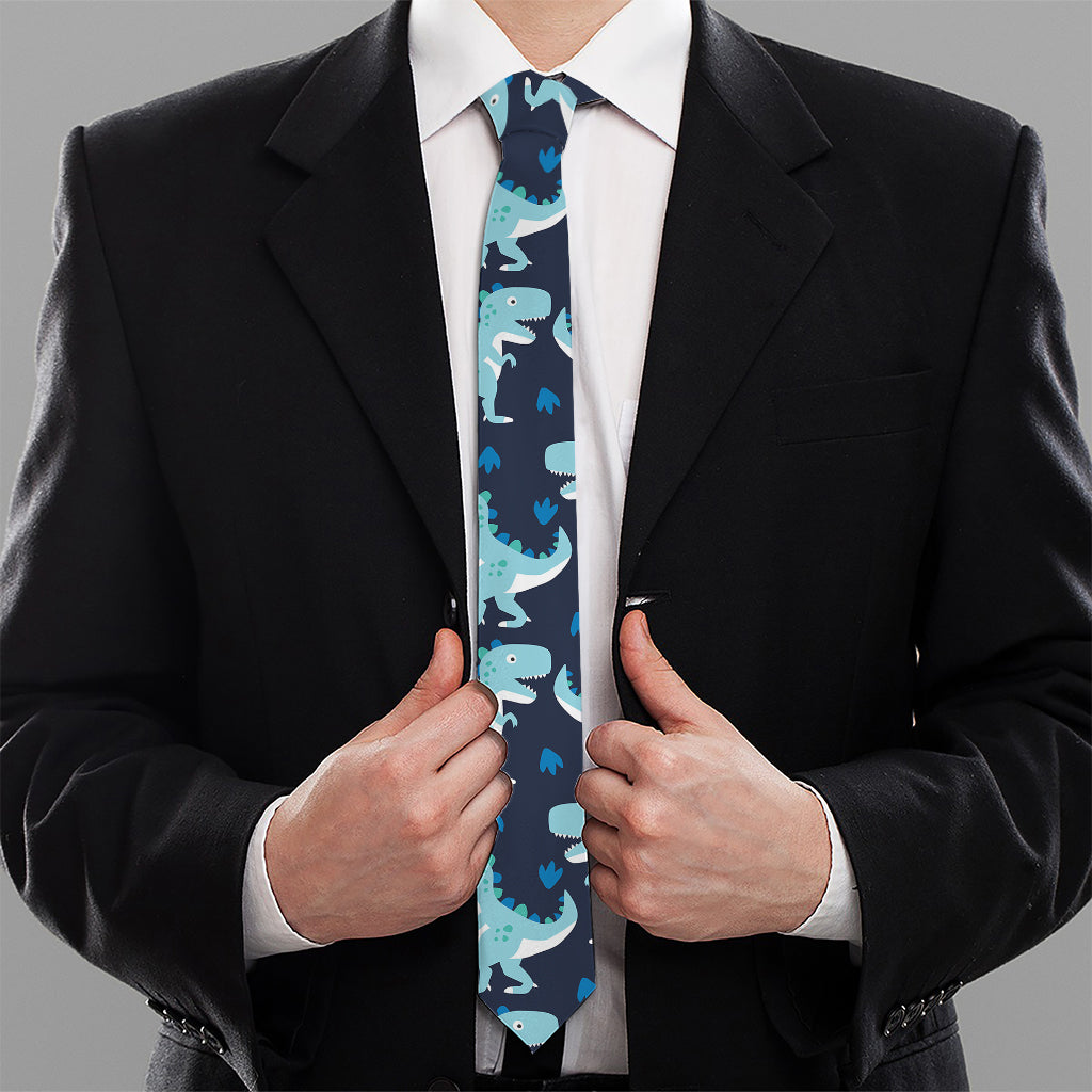 Cute Blue T-Rex Dinosaur Pattern Print Necktie