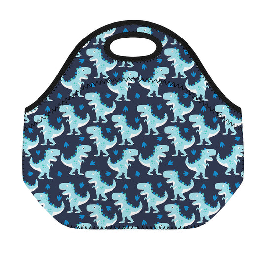 Cute Blue T-Rex Dinosaur Pattern Print Neoprene Lunch Bag