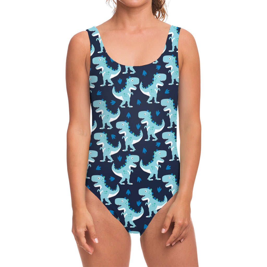 Cute Blue T-Rex Dinosaur Pattern Print One Piece Swimsuit