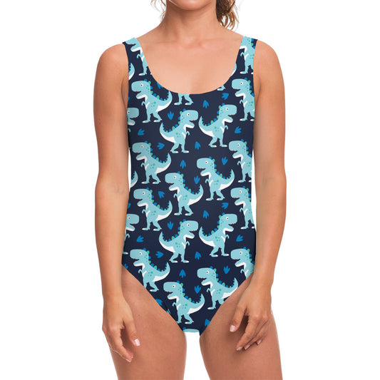 Cute Blue T-Rex Dinosaur Pattern Print One Piece Swimsuit