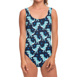 Cute Blue T-Rex Dinosaur Pattern Print One Piece Swimsuit