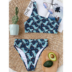 Cute Blue T-Rex Dinosaur Pattern Print One Shoulder Bikini Top