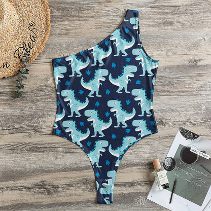 Cute Blue T-Rex Dinosaur Pattern Print One Shoulder Bodysuit