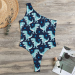 Cute Blue T-Rex Dinosaur Pattern Print One Shoulder Bodysuit