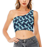 Cute Blue T-Rex Dinosaur Pattern Print One Shoulder Crop Top