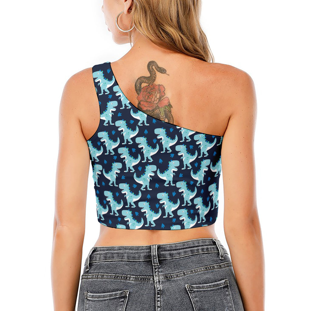 Cute Blue T-Rex Dinosaur Pattern Print One Shoulder Crop Top