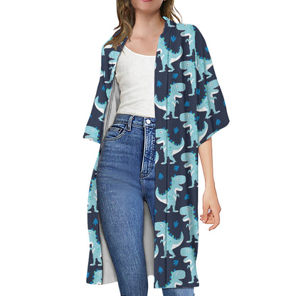 Cute Blue T-Rex Dinosaur Pattern Print Open Front Beach Cover Up