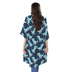 Cute Blue T-Rex Dinosaur Pattern Print Open Front Beach Cover Up