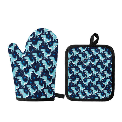 Cute Blue T-Rex Dinosaur Pattern Print Oven Mitt And Pot Holder Set