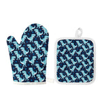 Cute Blue T-Rex Dinosaur Pattern Print Oven Mitt And Pot Holder Set