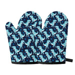 Cute Blue T-Rex Dinosaur Pattern Print Oven Mitts