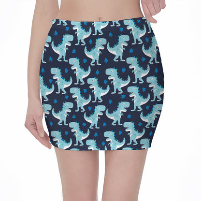 Cute Blue T-Rex Dinosaur Pattern Print Pencil Mini Skirt