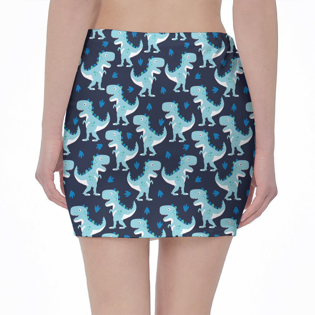 Cute Blue T-Rex Dinosaur Pattern Print Pencil Mini Skirt