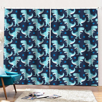 Cute Blue T-Rex Dinosaur Pattern Print Pencil Pleat Curtains