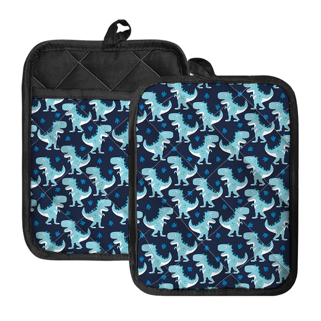 Cute Blue T-Rex Dinosaur Pattern Print Pot Holders With Pocket