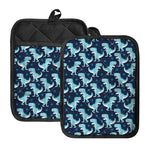 Cute Blue T-Rex Dinosaur Pattern Print Pot Holders With Pocket