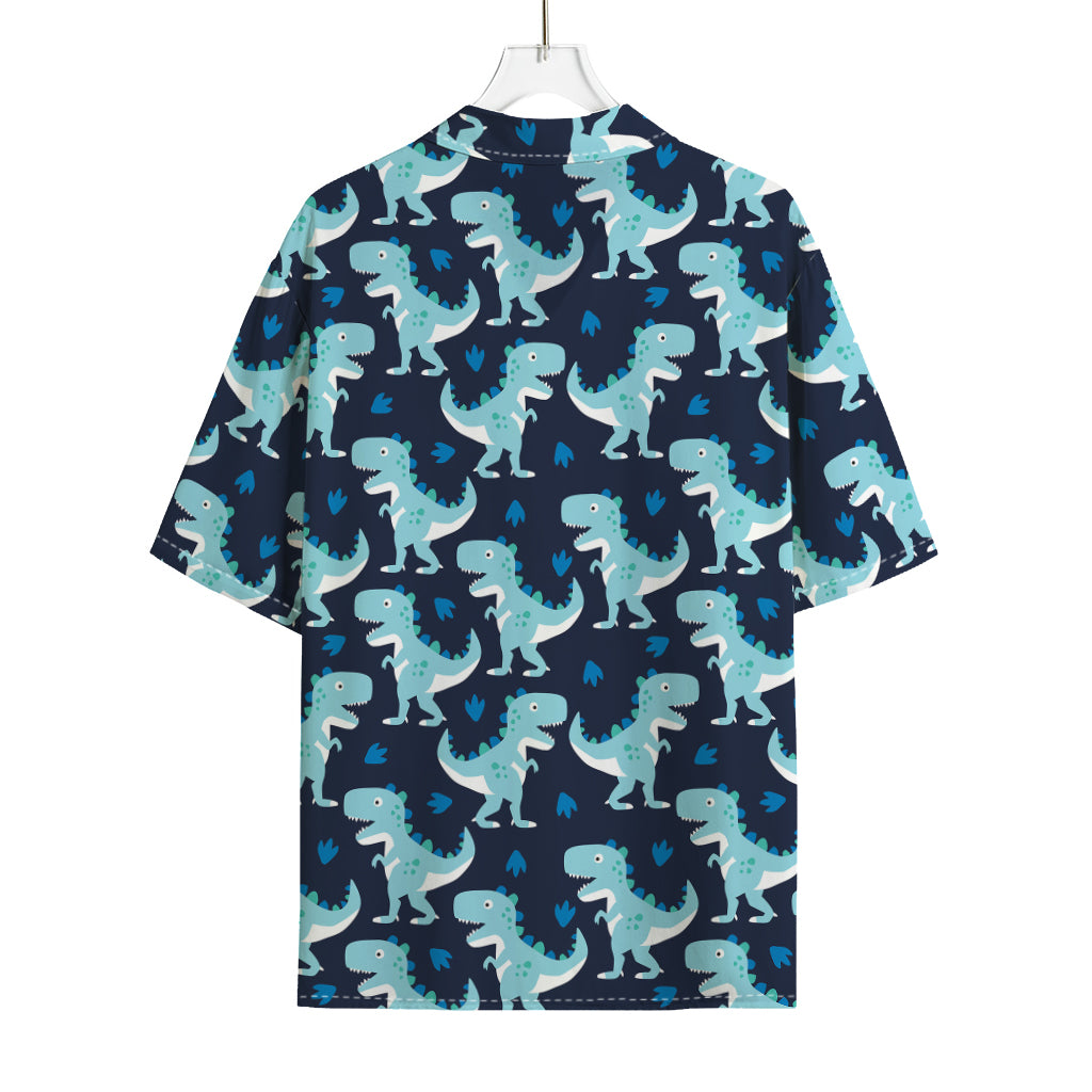 Cute Blue T-Rex Dinosaur Pattern Print Rayon Hawaiian Shirt