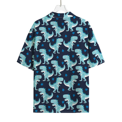 Cute Blue T-Rex Dinosaur Pattern Print Rayon Hawaiian Shirt
