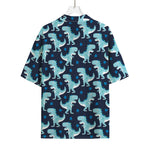 Cute Blue T-Rex Dinosaur Pattern Print Rayon Hawaiian Shirt