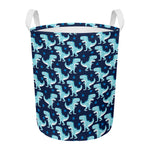 Cute Blue T-Rex Dinosaur Pattern Print Round Laundry Basket