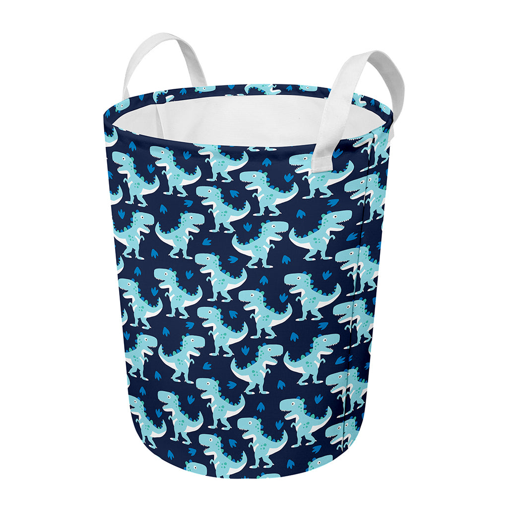 Cute Blue T-Rex Dinosaur Pattern Print Round Laundry Basket
