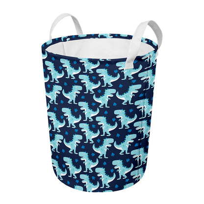 Cute Blue T-Rex Dinosaur Pattern Print Round Laundry Basket