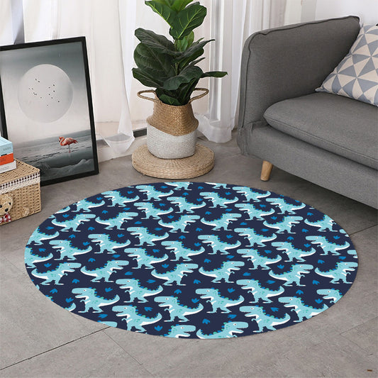 Cute Blue T-Rex Dinosaur Pattern Print Round Rug