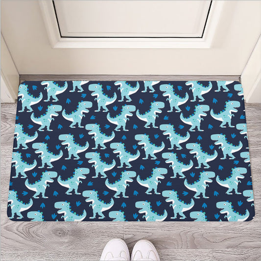 Cute Blue T-Rex Dinosaur Pattern Print Rubber Doormat