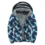Cute Blue T-Rex Dinosaur Pattern Print Sherpa Lined Zip Up Hoodie