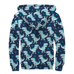 Cute Blue T-Rex Dinosaur Pattern Print Sherpa Lined Zip Up Hoodie