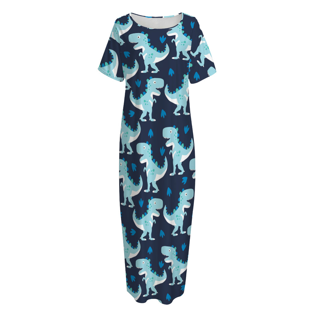 Cute Blue T-Rex Dinosaur Pattern Print Short Sleeve Long Nightdress