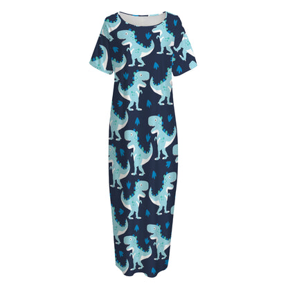 Cute Blue T-Rex Dinosaur Pattern Print Short Sleeve Long Nightdress