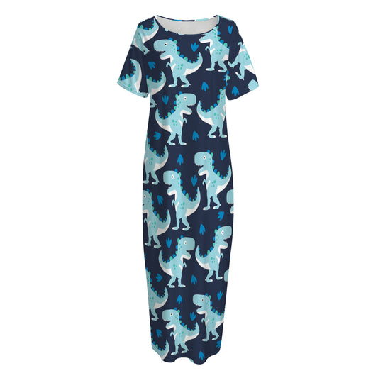 Cute Blue T-Rex Dinosaur Pattern Print Short Sleeve Long Nightdress
