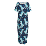 Cute Blue T-Rex Dinosaur Pattern Print Short Sleeve Long Nightdress