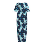 Cute Blue T-Rex Dinosaur Pattern Print Short Sleeve Long Nightdress