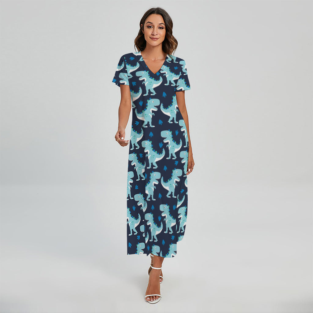 Cute Blue T-Rex Dinosaur Pattern Print Short Sleeve Maxi Dress